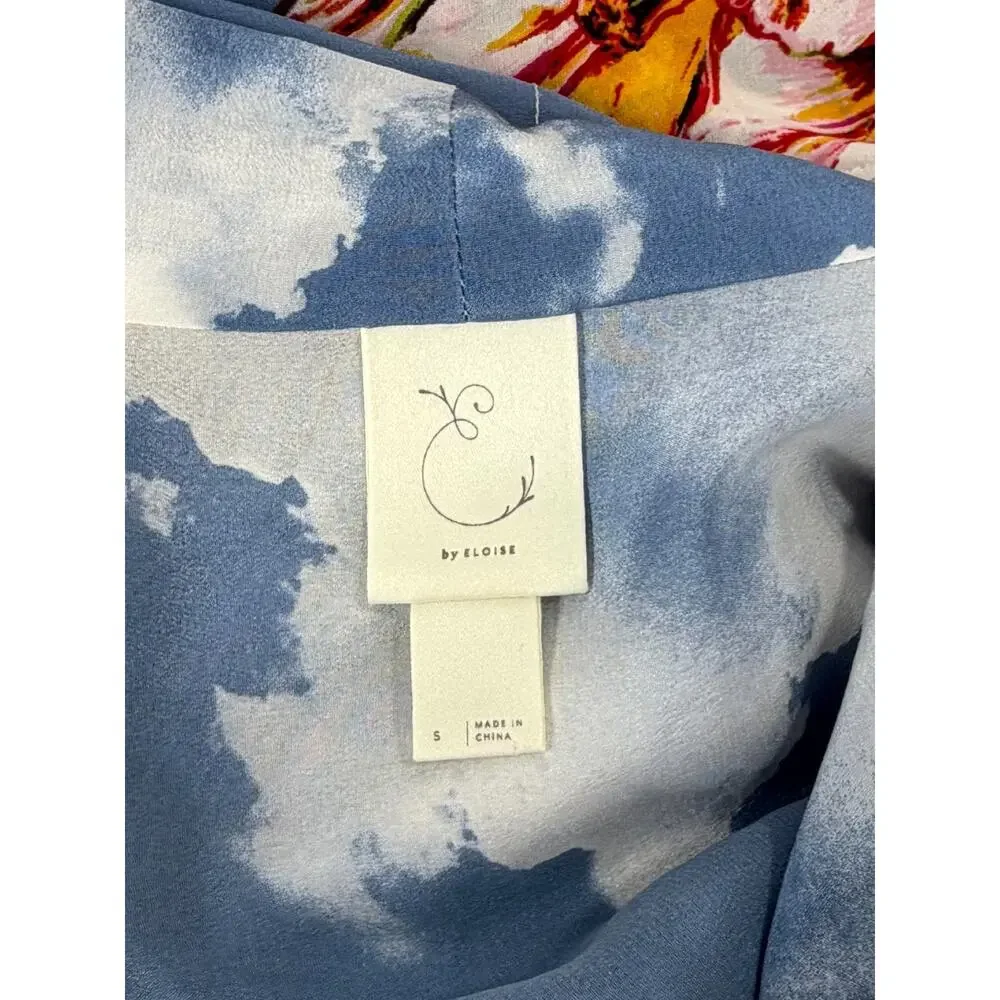 Anthropologie E by Eloise Silk Wrap Dress S Blue Sky Floral Kimono Pockets EUC